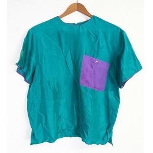 Vtg Silk Lounge Top Sleep Shirt Silk Green Purple Boxy Retro Clio Womens Small